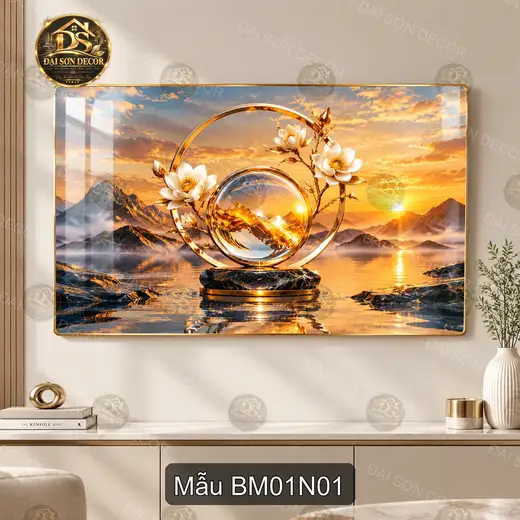 Tranh tráng gương Bình minh 001 phong cảnh núi hồ decor phòng khách làm quà tặng