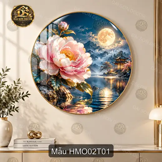 Tranh tráng gương tròn hoa mẫu đơn 002 decor tường hiện đại sáng đẹp