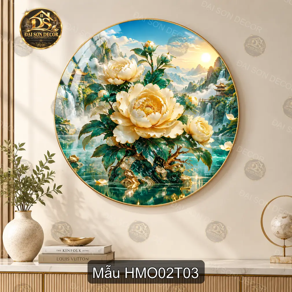 Tranh tráng gương tròn hoa mẫu đơn 002 decor tường hiện đại sáng đẹp