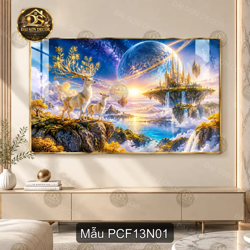 Tranh tráng gương phong cảnh fantasy 013 hươu và lâu đài bay trang trí phòng khách