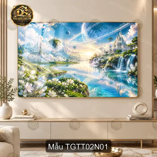 Tranh tráng gương Thế giới thần tiên phong cảnh lâu đài và thác nước decor phòng khách TGTT02N01