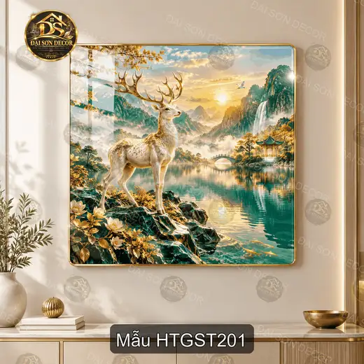 Tranh tráng gương Hươu thần giữa sơn thủy 2 phong cảnh thiên nhiên decor phòng khách