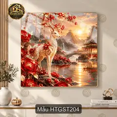 Tranh tráng gương Hươu thần giữa sơn thủy 2 phong cảnh thiên nhiên decor phòng khách