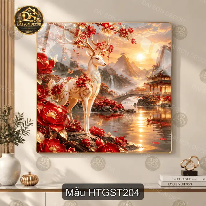 Tranh tráng gương Hươu thần giữa sơn thủy 2 phong cảnh thiên nhiên decor phòng khách