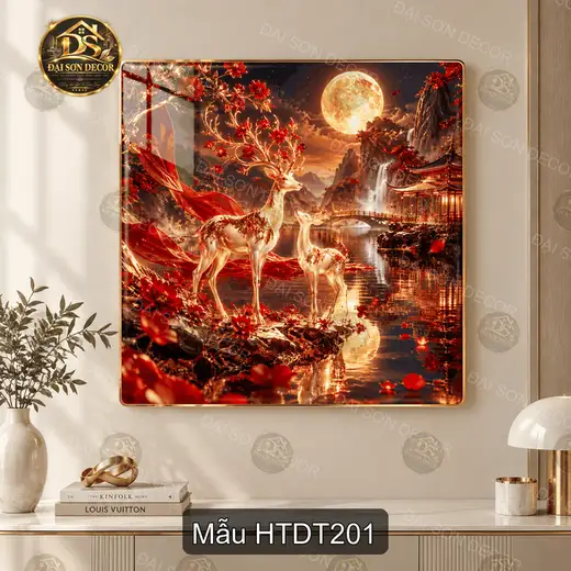 Tranh tráng gương Hươu thần dưới trăng 2, decor phòng khách hình hươu nai phong cảnh trăng