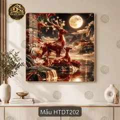 Tranh tráng gương Hươu thần dưới trăng 2, decor phòng khách hình hươu nai phong cảnh trăng