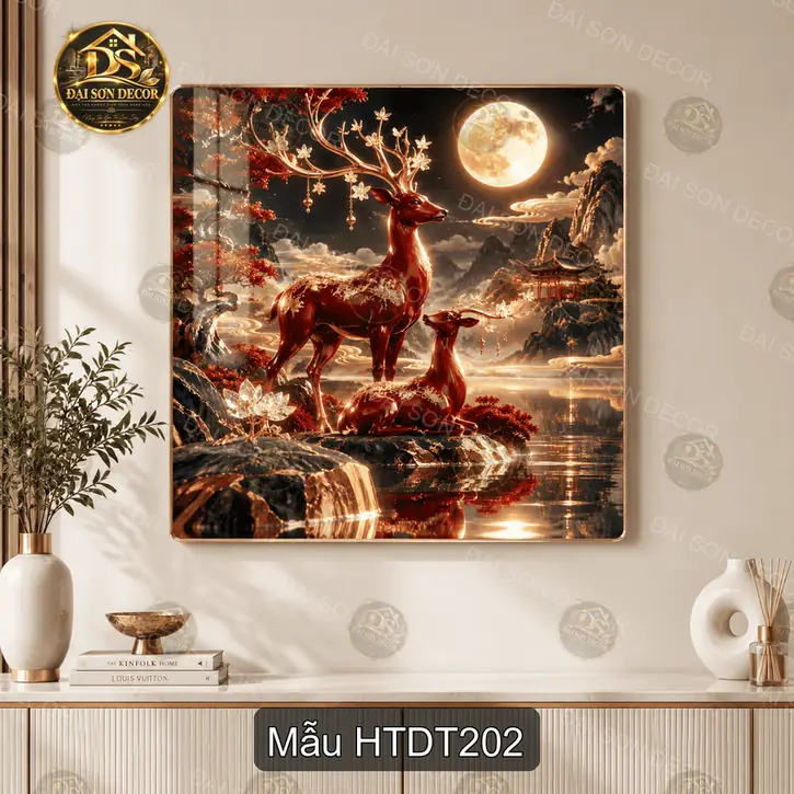 Tranh tráng gương Hươu thần dưới trăng 2, decor phòng khách hình hươu nai phong cảnh trăng