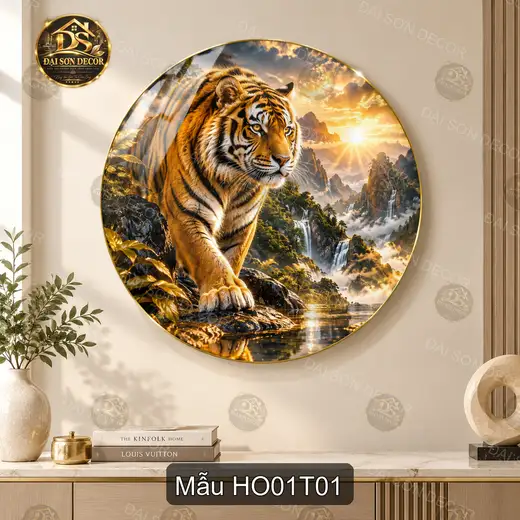 Tranh tròn tráng gương Hổ 001 giữa núi rừng decor phòng khách phong cách sang trọng