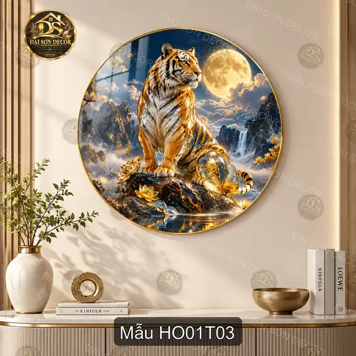 Tranh tròn tráng gương Hổ 001 giữa núi rừng decor phòng khách phong cách sang trọng