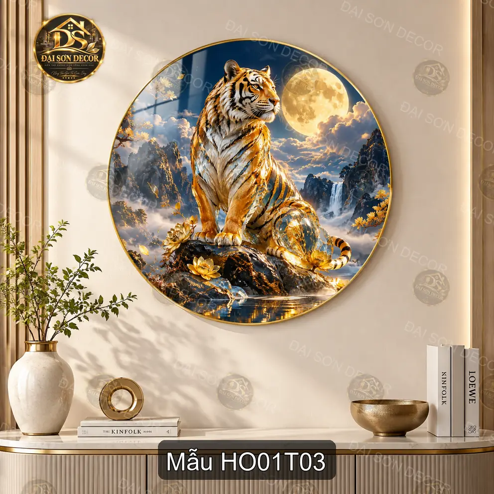 Tranh tròn tráng gương Hổ 001 giữa núi rừng decor phòng khách phong cách sang trọng