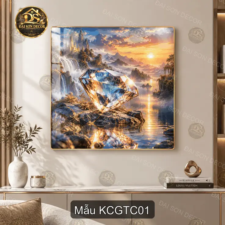 Tranh tráng gương vuông Kim cương giữa tiên cảnh decor phòng khách quà tặng phong cảnh cao cấp