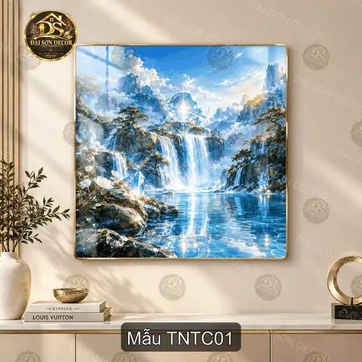Tranh tráng gương Thác nước tiên cảnh phong cảnh núi non trang trí phòng khách sang trọng