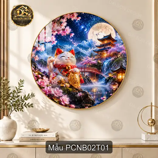 Tranh tròn tráng gương phong cảnh Nhật Bản mèo thần tài decor phòng khách phòng làm việc