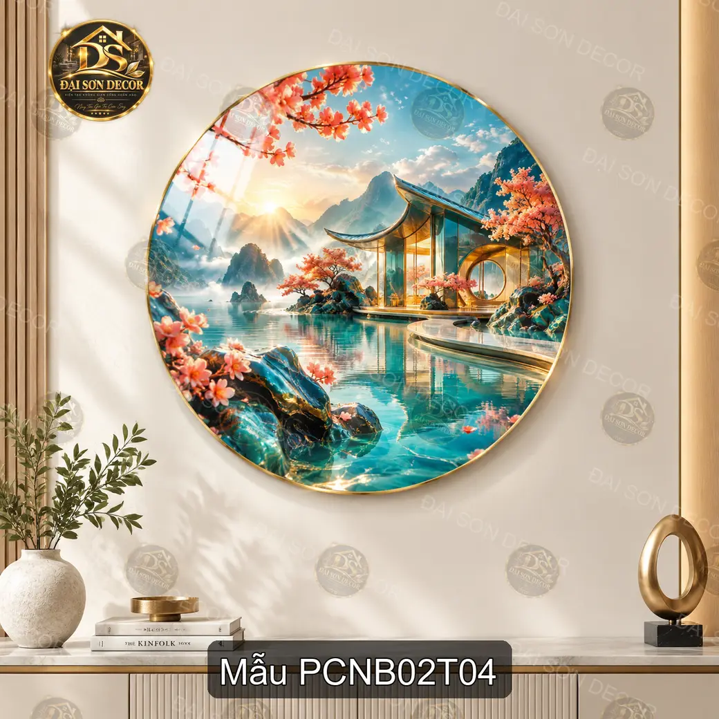 Tranh tròn tráng gương phong cảnh Nhật Bản mèo thần tài decor phòng khách phòng làm việc