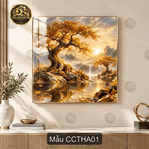 Tranh tráng gương Cây cổ thụ huyền ảo phong cảnh thiên nhiên vàng sang trọng decor phòng khách