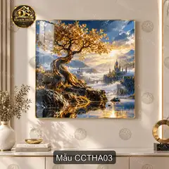 Tranh tráng gương Cây cổ thụ huyền ảo phong cảnh thiên nhiên vàng sang trọng decor phòng khách