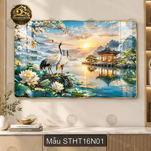 Tranh tráng gương Sơn thủy hữu tình hạc sen hồ nước phong cảnh nghệ thuật decor phòng khách