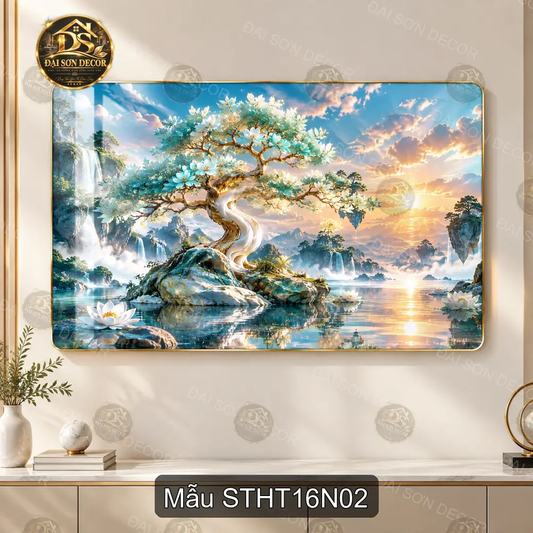 Tranh tráng gương Sơn thủy hữu tình hạc sen hồ nước phong cảnh nghệ thuật decor phòng khách