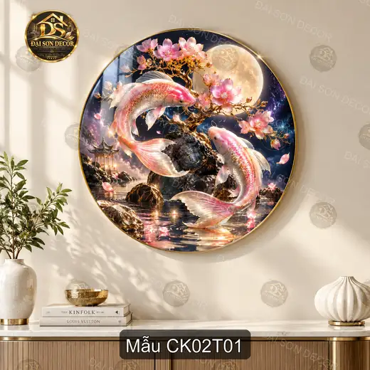 Tranh tròn Cá Koi 002 tráng gương thư pháp trang trí phòng khách phong cách sang trọng