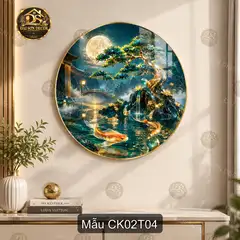 Tranh tròn Cá Koi 002 tráng gương thư pháp trang trí phòng khách phong cách sang trọng