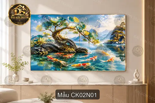 Tranh tráng gương Cá Koi 002 phong cảnh hồ nước decor phòng khách phòng làm việc