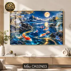 Tranh tráng gương Cá Koi 002 phong cảnh hồ nước decor phòng khách phòng làm việc