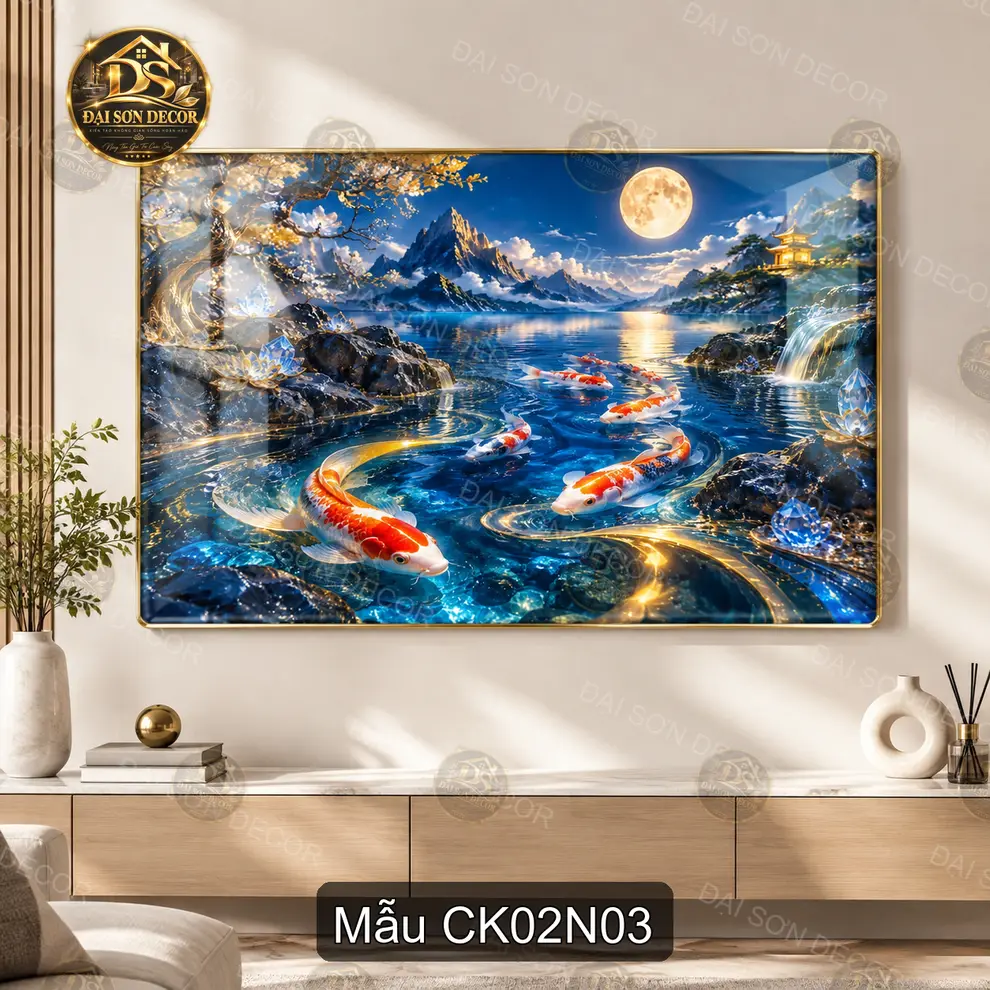 Tranh tráng gương Cá Koi 002 phong cảnh hồ nước decor phòng khách phòng làm việc