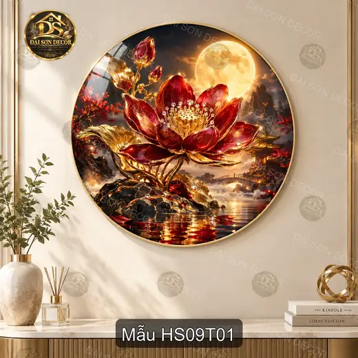 Tranh tròn tráng gương Hoa sen 009 ánh trăng hồ nước decor phòng khách sang trọng