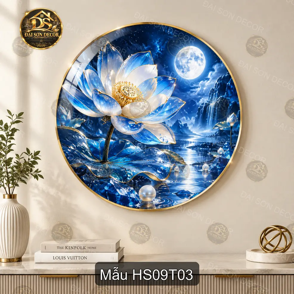 Tranh tròn tráng gương Hoa sen 009 ánh trăng hồ nước decor phòng khách sang trọng