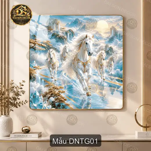 Tranh tráng gương Đàn ngựa thiên giới decor phòng khách phong cách thư pháp cao cấp vuông DNTG01