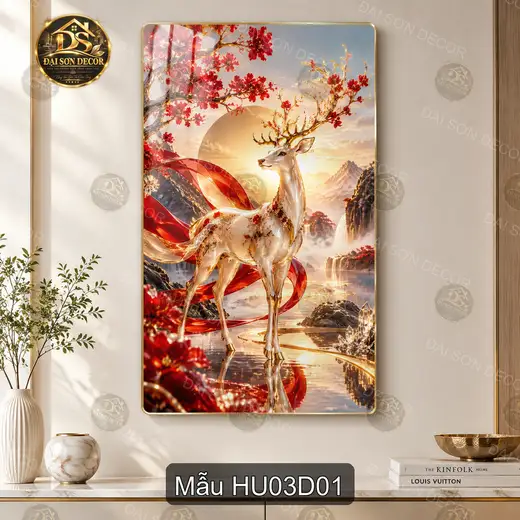 Tranh tráng gương Hươu 003 cảnh hươu giữa núi non hoa đỏ nghệ thuật treo dọc phòng khách