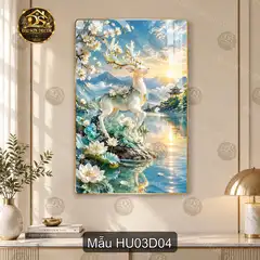 Tranh tráng gương Hươu 003 cảnh hươu giữa núi non hoa đỏ nghệ thuật treo dọc phòng khách