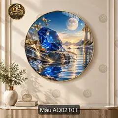 Tranh tròn tráng gương đá quý xanh decor phòng khách sang trọng AQ02T01