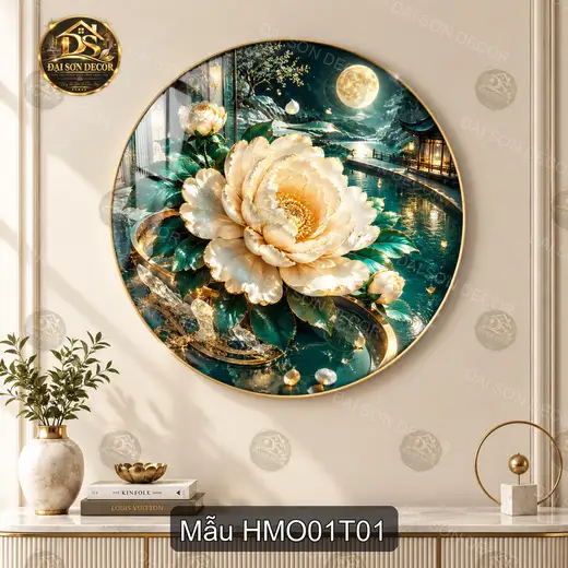Tranh tráng gương tròn hoa mẫu đơn 001 decor phòng khách quà tặng trang trí sang trọng