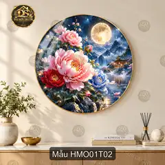 Tranh tráng gương tròn hoa mẫu đơn 001 decor phòng khách quà tặng trang trí sang trọng