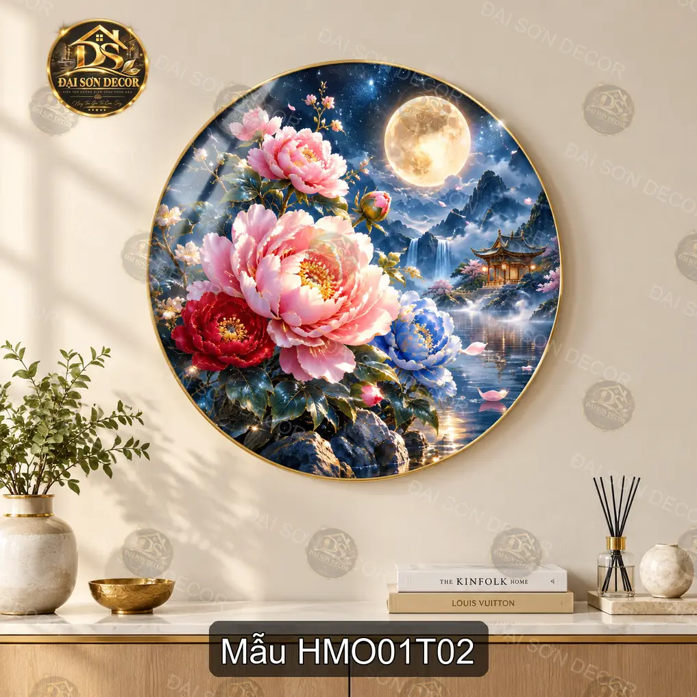 Tranh tráng gương tròn hoa mẫu đơn 001 decor phòng khách quà tặng trang trí sang trọng