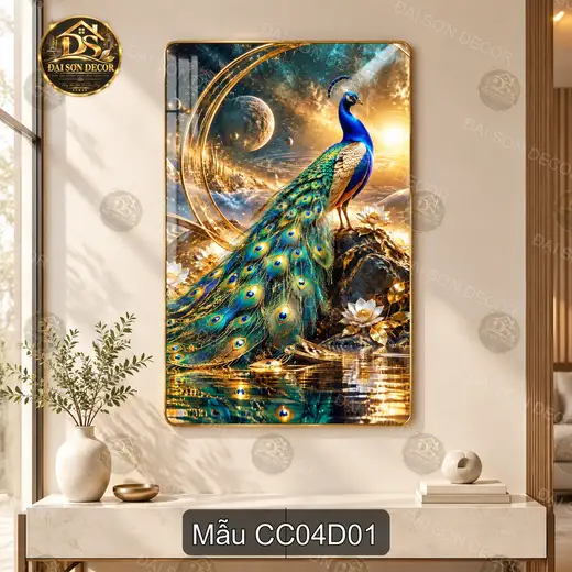 Tranh tráng gương chim công nghệ thuật decor phòng khách sang trọng mẫu CC04D01