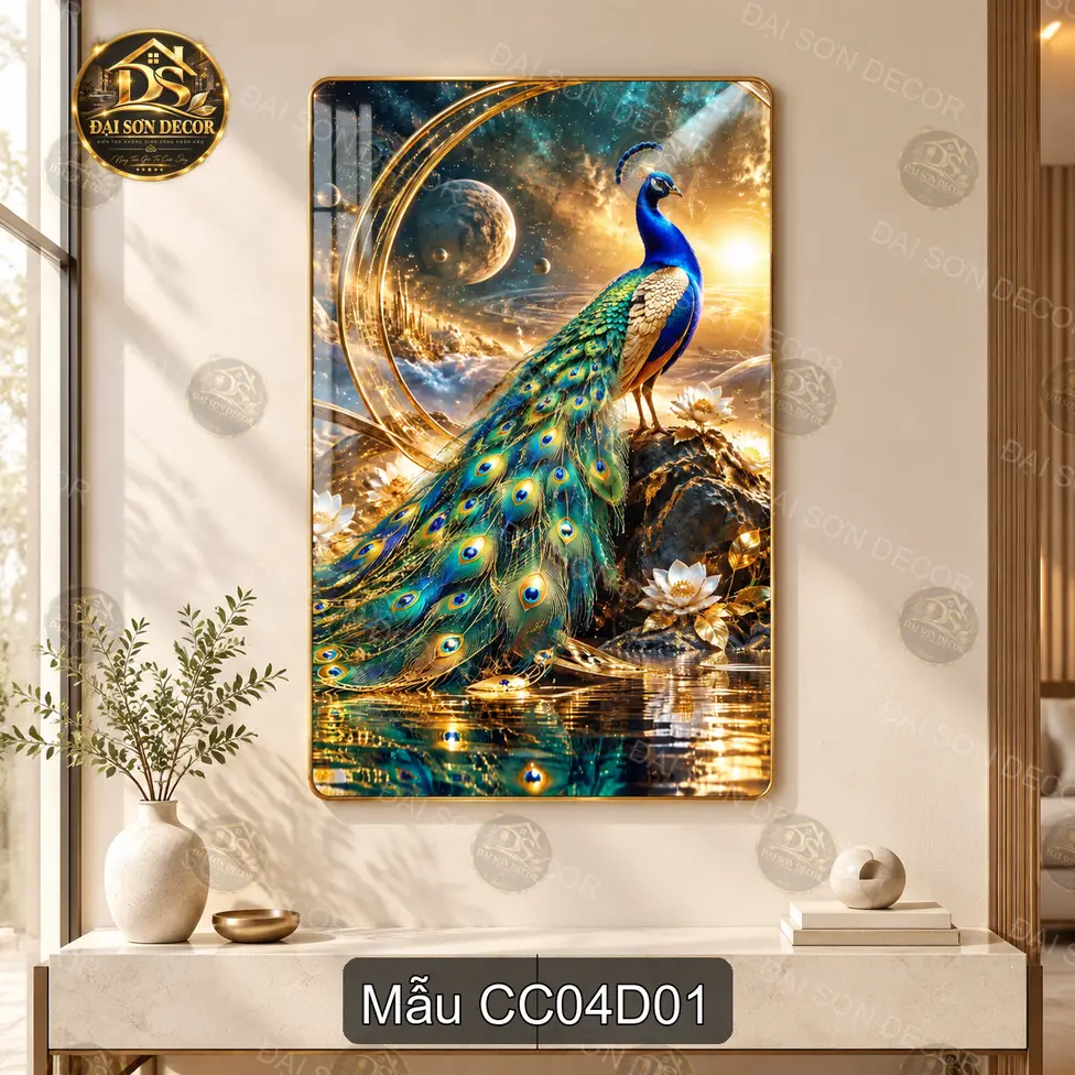 Tranh tráng gương chim công nghệ thuật decor phòng khách sang trọng mẫu CC04D01