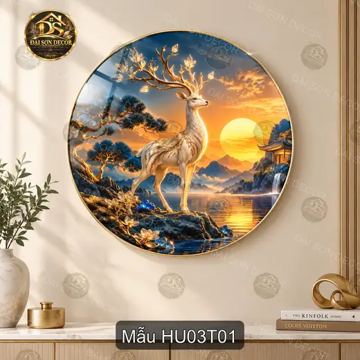 Tranh tráng gương tròn Hươu 003 cảnh hoàng hôn sơn thủy decor phòng khách phòng làm việc