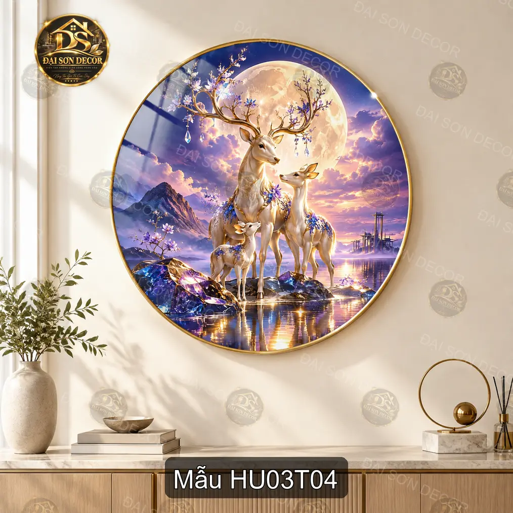 Tranh tráng gương tròn Hươu 003 cảnh hoàng hôn sơn thủy decor phòng khách phòng làm việc