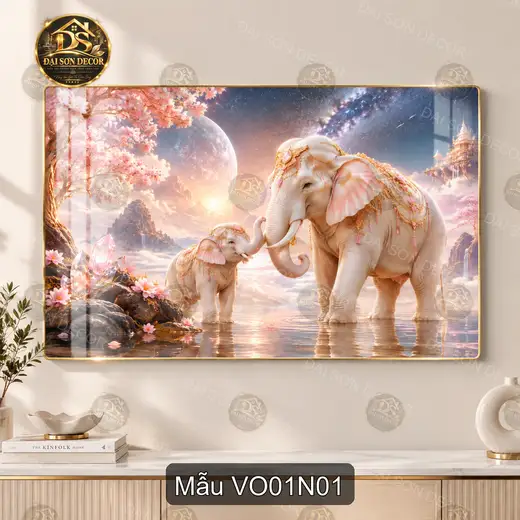 Tranh tráng gương đôi voi Voi 001 trang trí phòng khách phong cách hiện đại
