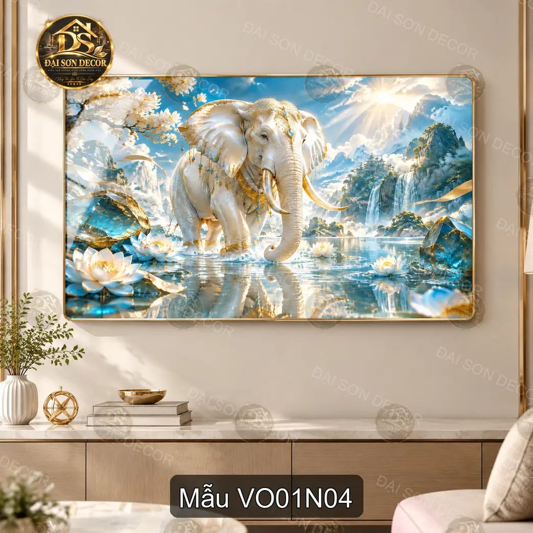 Tranh tráng gương đôi voi Voi 001 trang trí phòng khách phong cách hiện đại