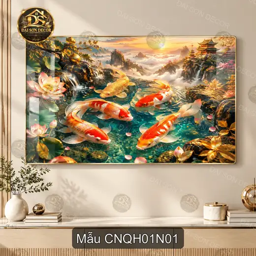 Tranh tráng gương Cửu ngư quần hội hiện đại sáng đẹp treo tường phòng khách CNQH01N01