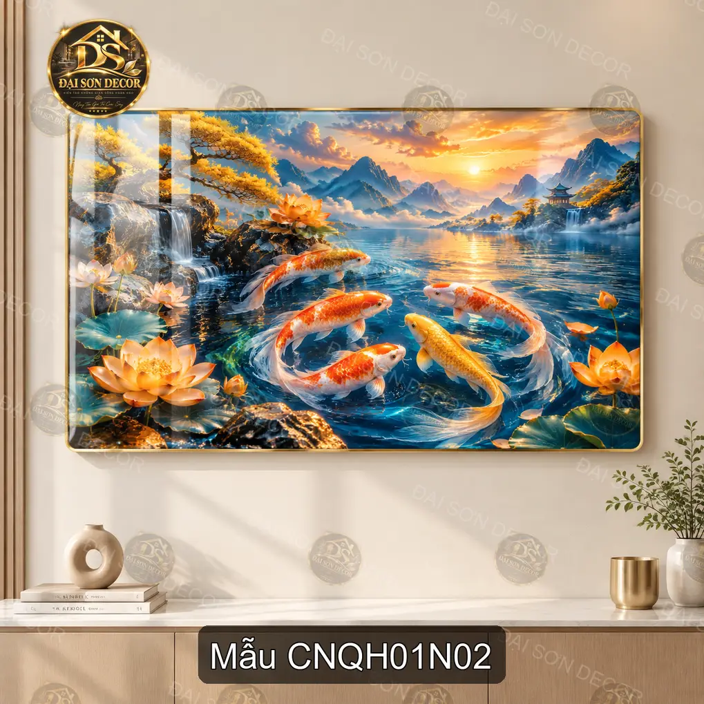 Tranh tráng gương Cửu ngư quần hội hiện đại sáng đẹp treo tường phòng khách CNQH01N01