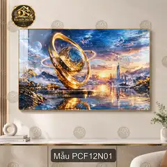 Tranh tráng gương phong cảnh fantasy quả cầu vàng bên hồ decor phòng khách PCF12N01