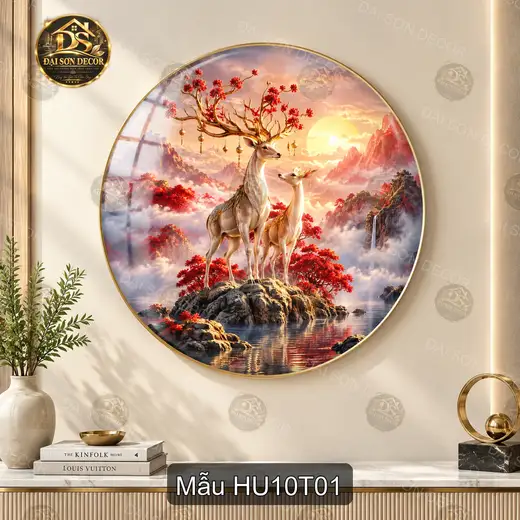 Tranh tráng gương tròn Hươu 010 nghệ thuật đôi hươu bên hồ núi decor phòng khách