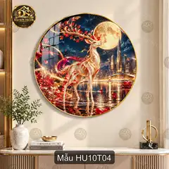 Tranh tráng gương tròn Hươu 010 nghệ thuật đôi hươu bên hồ núi decor phòng khách