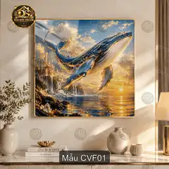 Tranh tráng gương cá voi fantasy treo tường phong cảnh biển hoàng hôn decor phòng khách