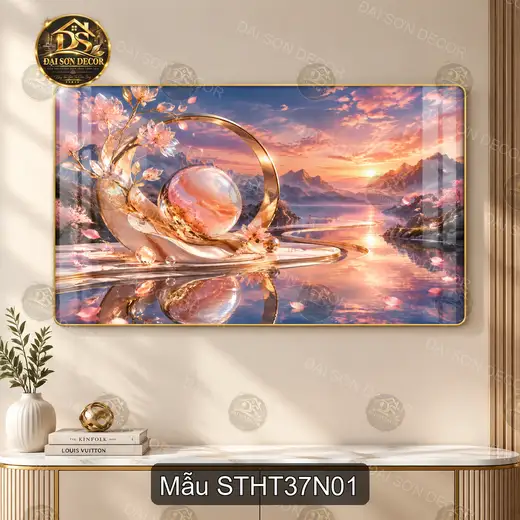 Tranh tráng gương Sơn thủy hữu tình 037 bình minh hồ núi hoa đào decor phòng khách