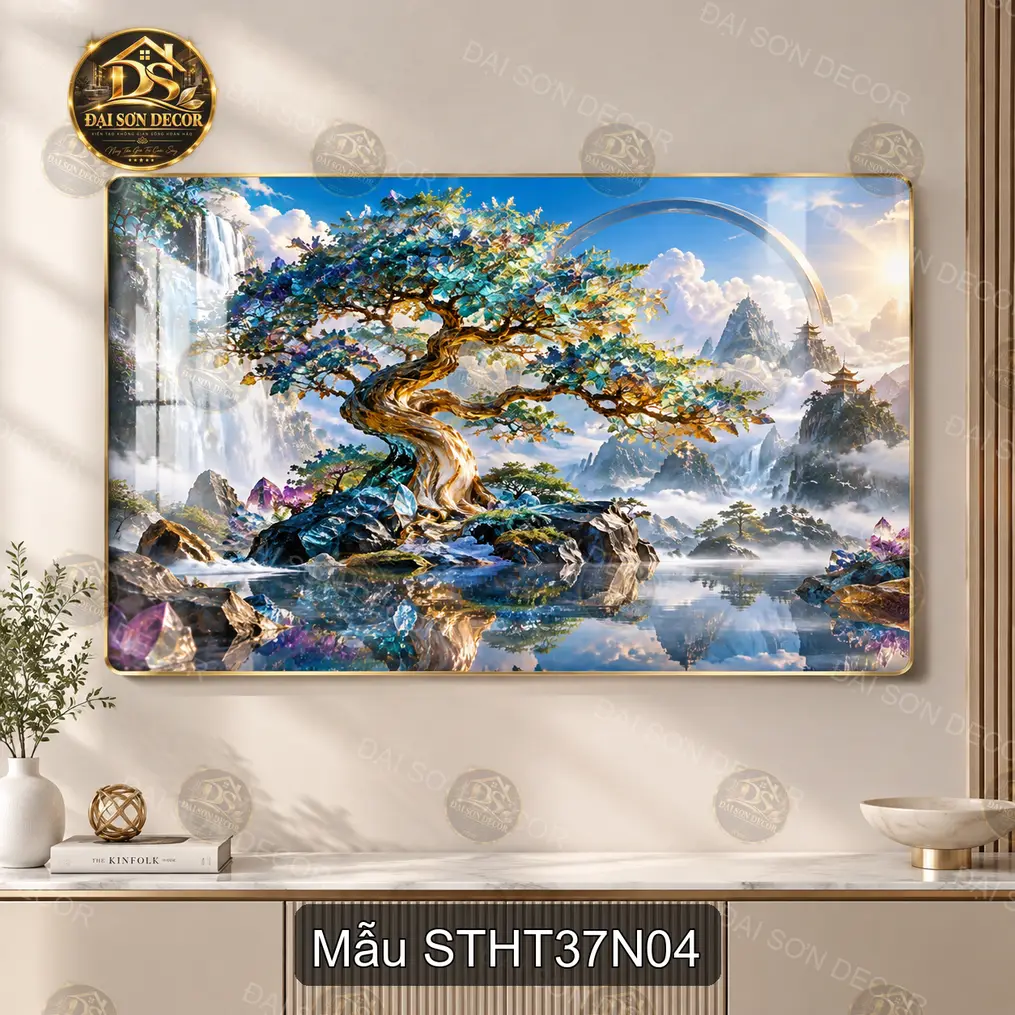 Tranh tráng gương Sơn thủy hữu tình 037 bình minh hồ núi hoa đào decor phòng khách